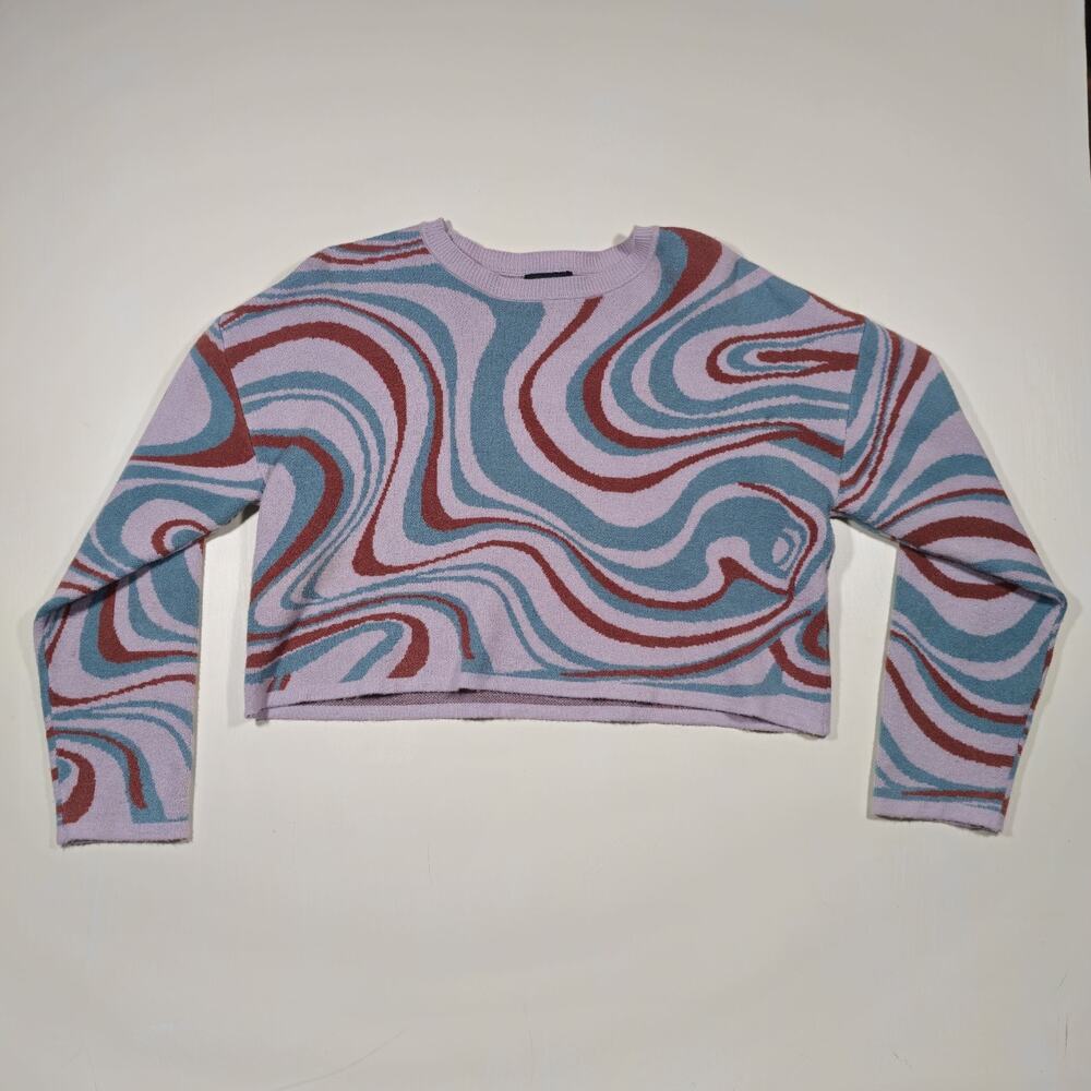 Originality Cropped Sweater XS Psychedelic Swirl Knit Pink Teal Y2K Retro